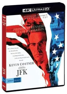4K Ultra HD Blu-ray cover for Oliver Stone’s film “JFK,” featuring Kevin Costner, with a collage of an American flag, Kennedy, and crime scene imagery.