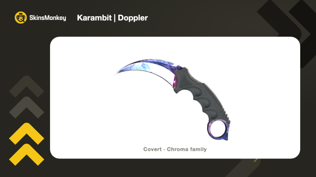 A curved Karambit knife with a purple and blue blade and a black handle, displayed on a white background with “Karambit | Doppler” text above.