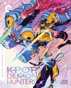 Three animated female warriors wield swords and pose dynamically in front of a blue demon creature, with bright neon colors and the text “KPOP DEMON HUNTERS” below them.