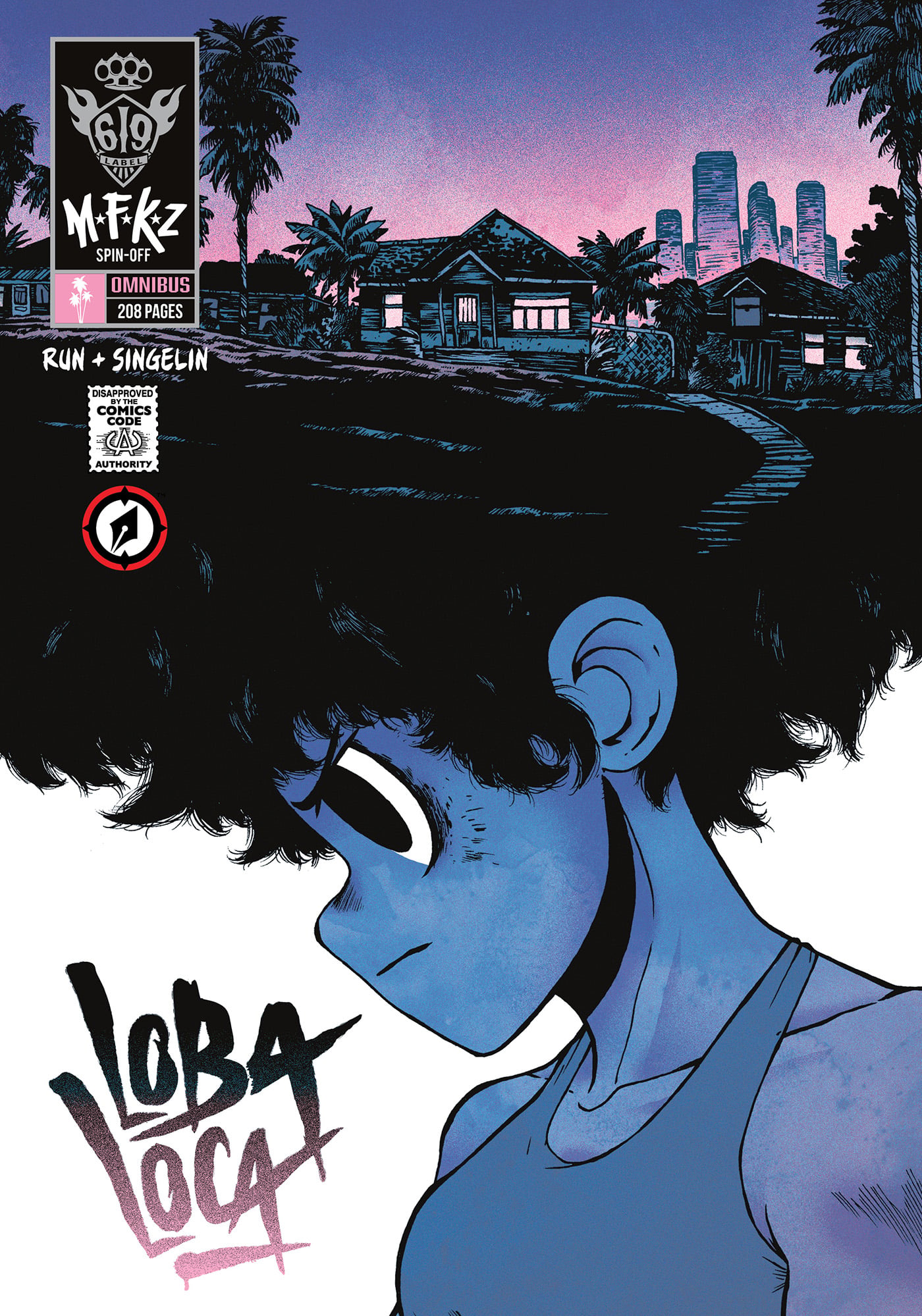 Illustrated comic book cover shows a blue-tinted character in profile with a cityscape and palm trees in the background. Title reads “Loba Loca.”.