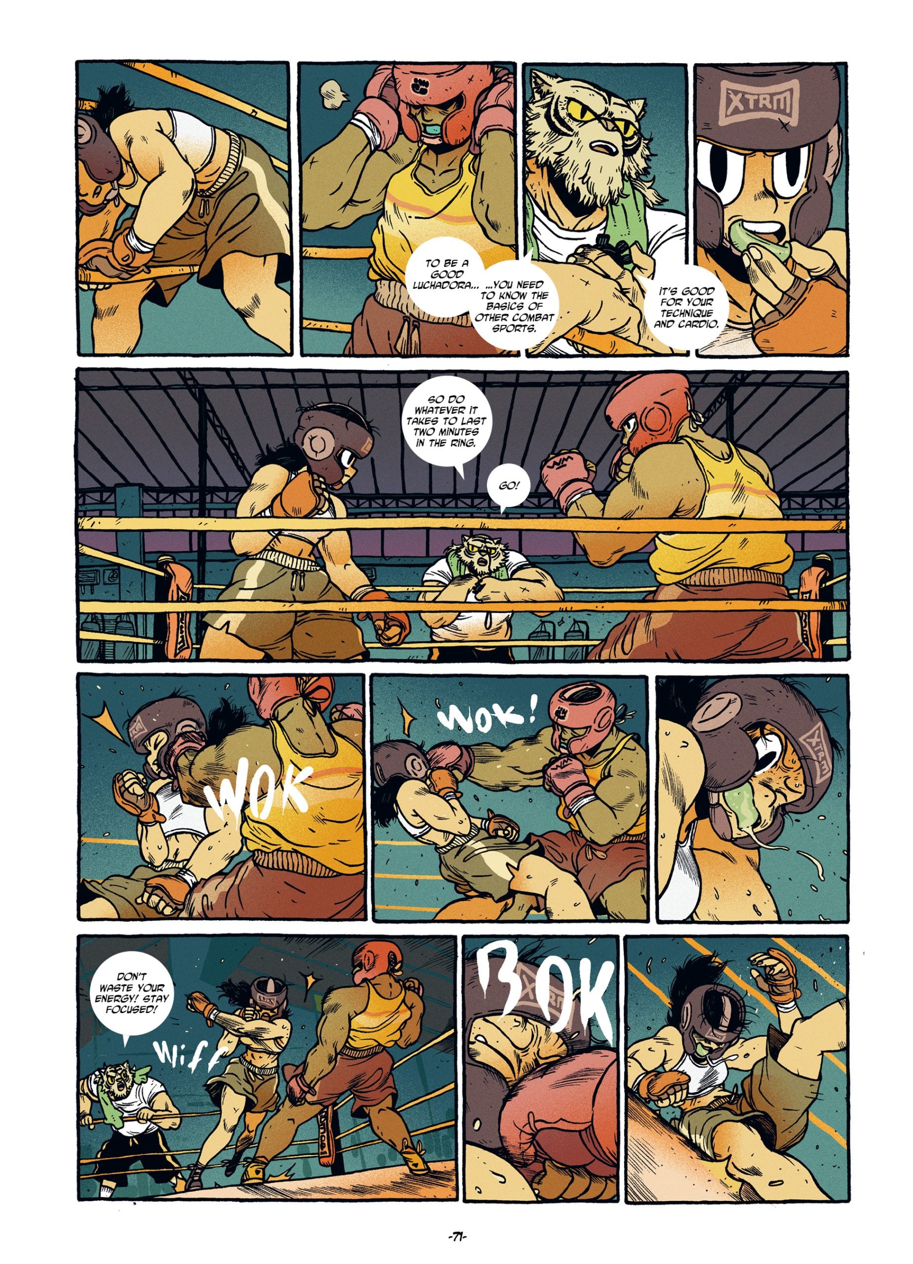Two anthropomorphic boxers spar in a ring while a referee observes. The sequence shows punches exchanged and one boxer knocking the other down.
