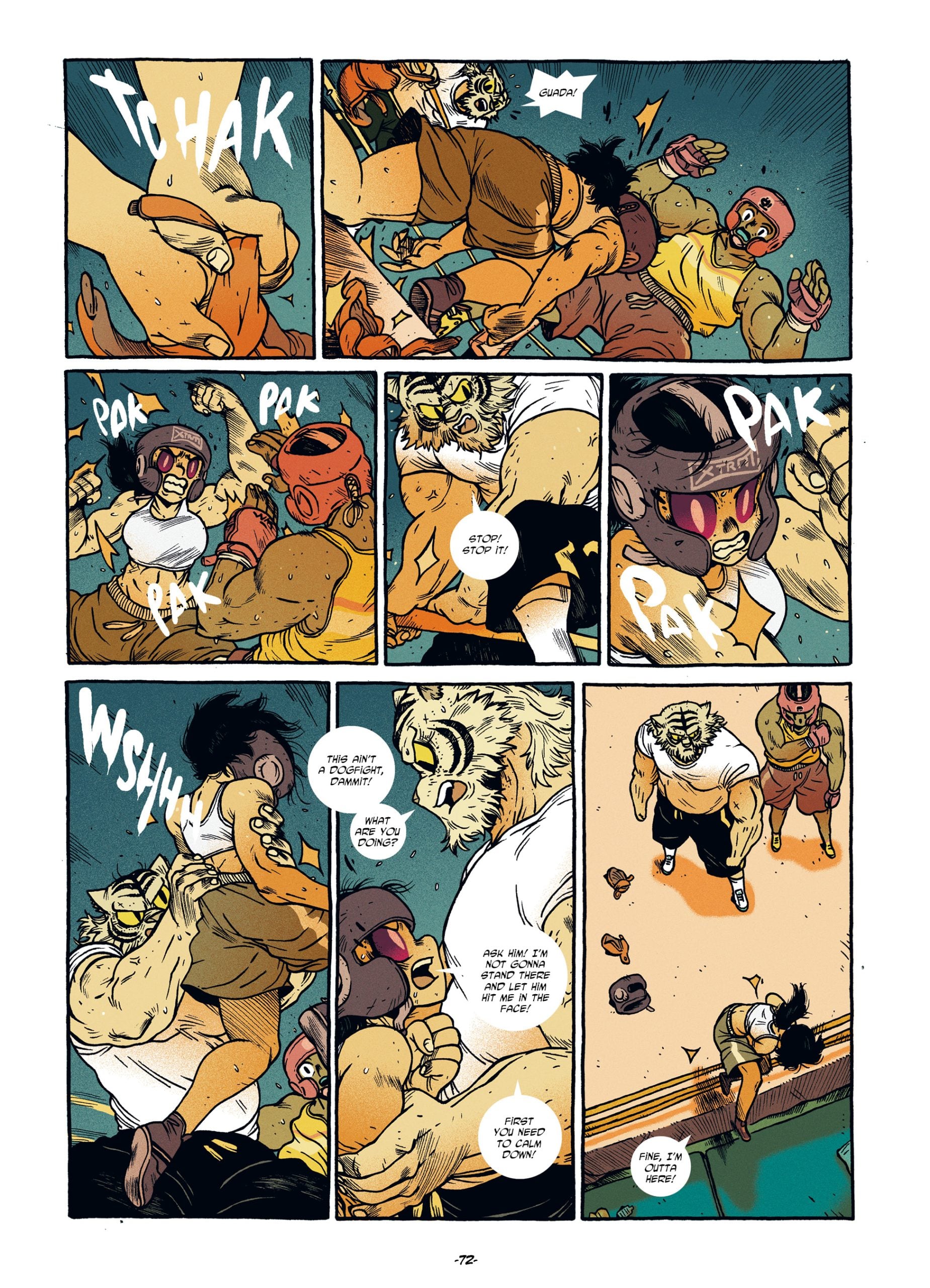 A comic page shows a fight between several people. One man wearing a white tank top defeats his opponents and throws one off a dock into the water, while others watch.