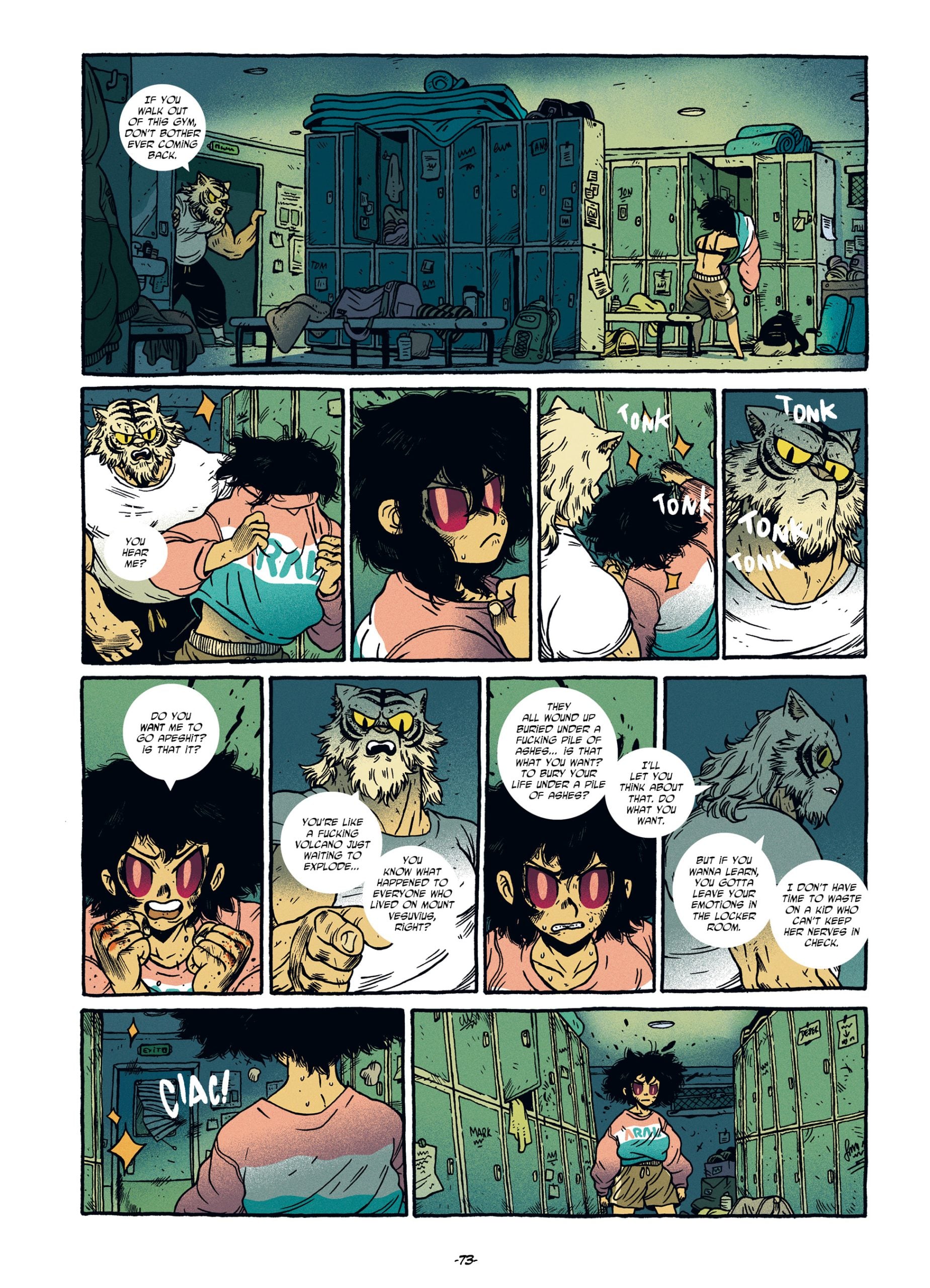 A person with goggles interacts with a wolf-headed figure in a locker room, exchanging words and opening a locker with a clang.