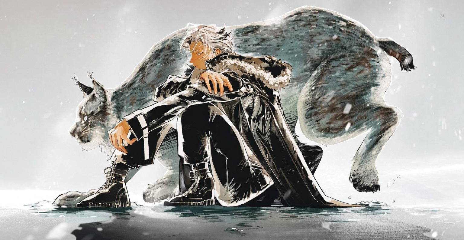GVN Talking Comics Page Preview: VIZ Originals ‘LYNX, Vol. 1’ By Samuel Sattin And Tokitokoro A white-haired person in a black coat sits on the ground, while a large lynx stands behind them in a snowy, overcast setting.