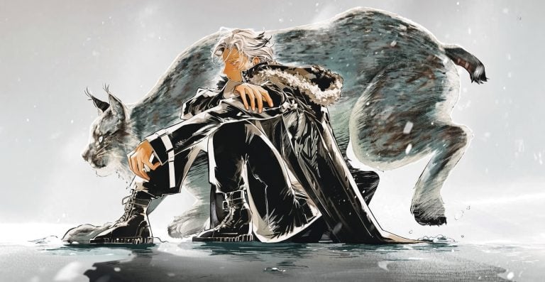 A white-haired person in a black coat sits on the ground, while a large lynx stands behind them in a snowy, overcast setting.
