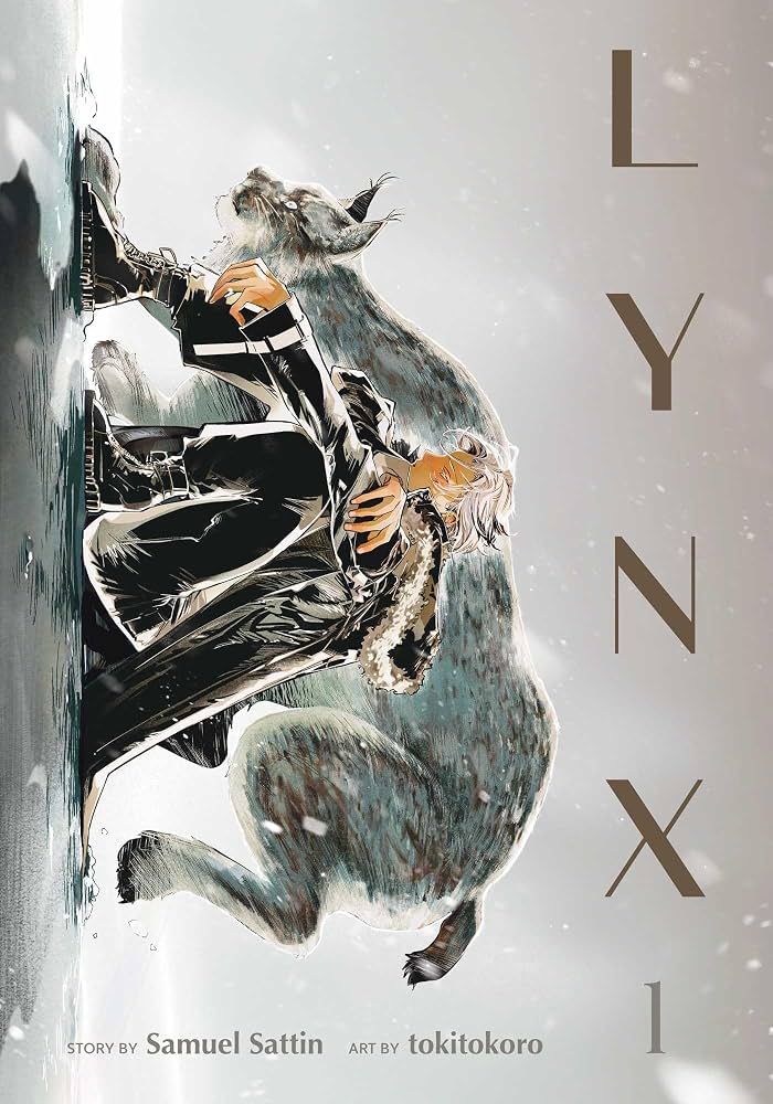 A person in dark clothing sits against a snowy surface beside a large lynx. The word “LYNX” and publication credits are displayed on the right side of the image.
