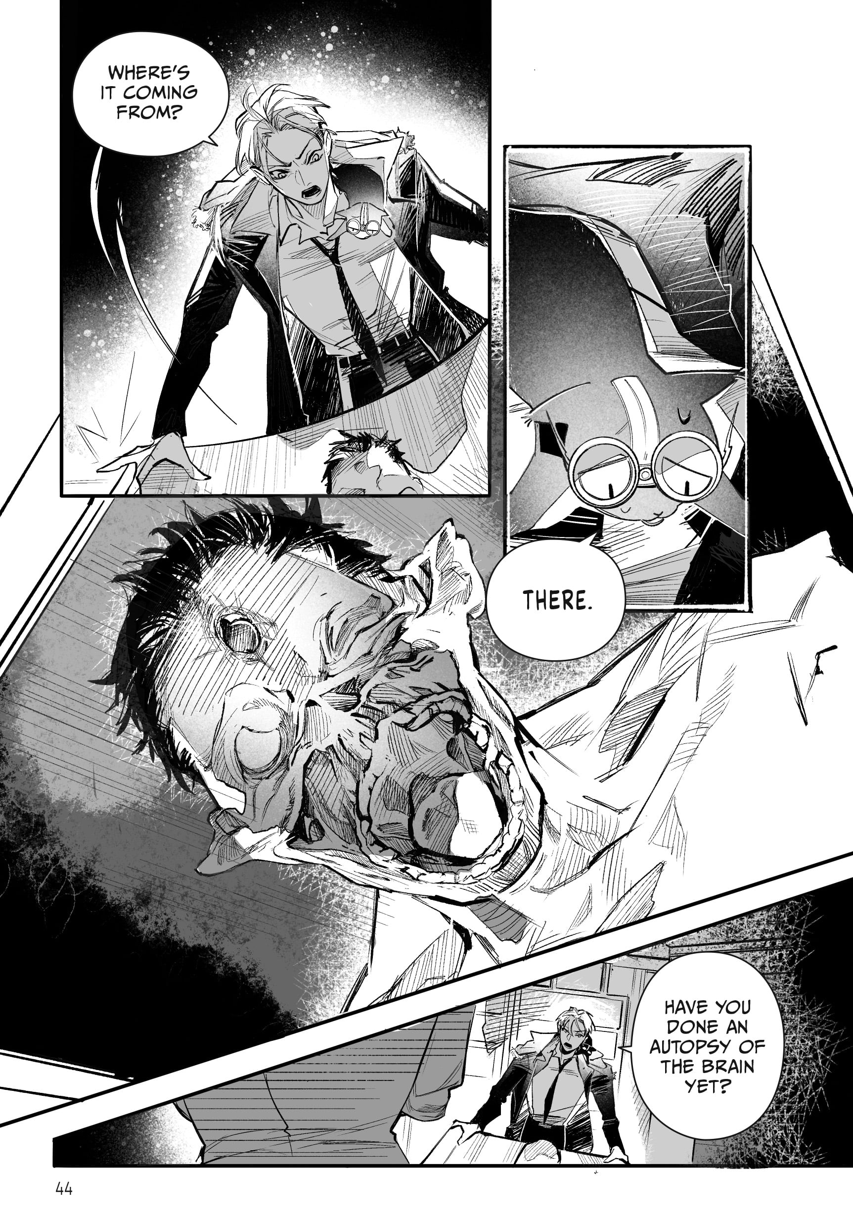 A detective speaks to a colleague, points toward a corpse with a partially exposed brain, and asks if an autopsy of the brain has been done.