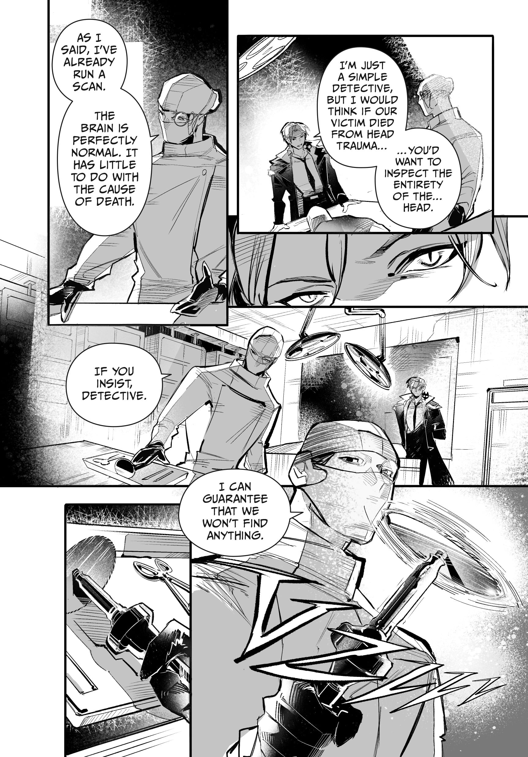 A forensic examiner discusses a corpse with a detective in a morgue, insisting a scan showed no brain injury while preparing to open the corpse’s skull for further investigation.