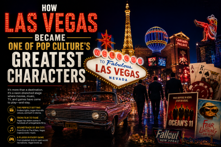 A vintage car and three people face the neon-lit Las Vegas Strip at night, surrounded by famous signs, casino imagery, and pop culture references.