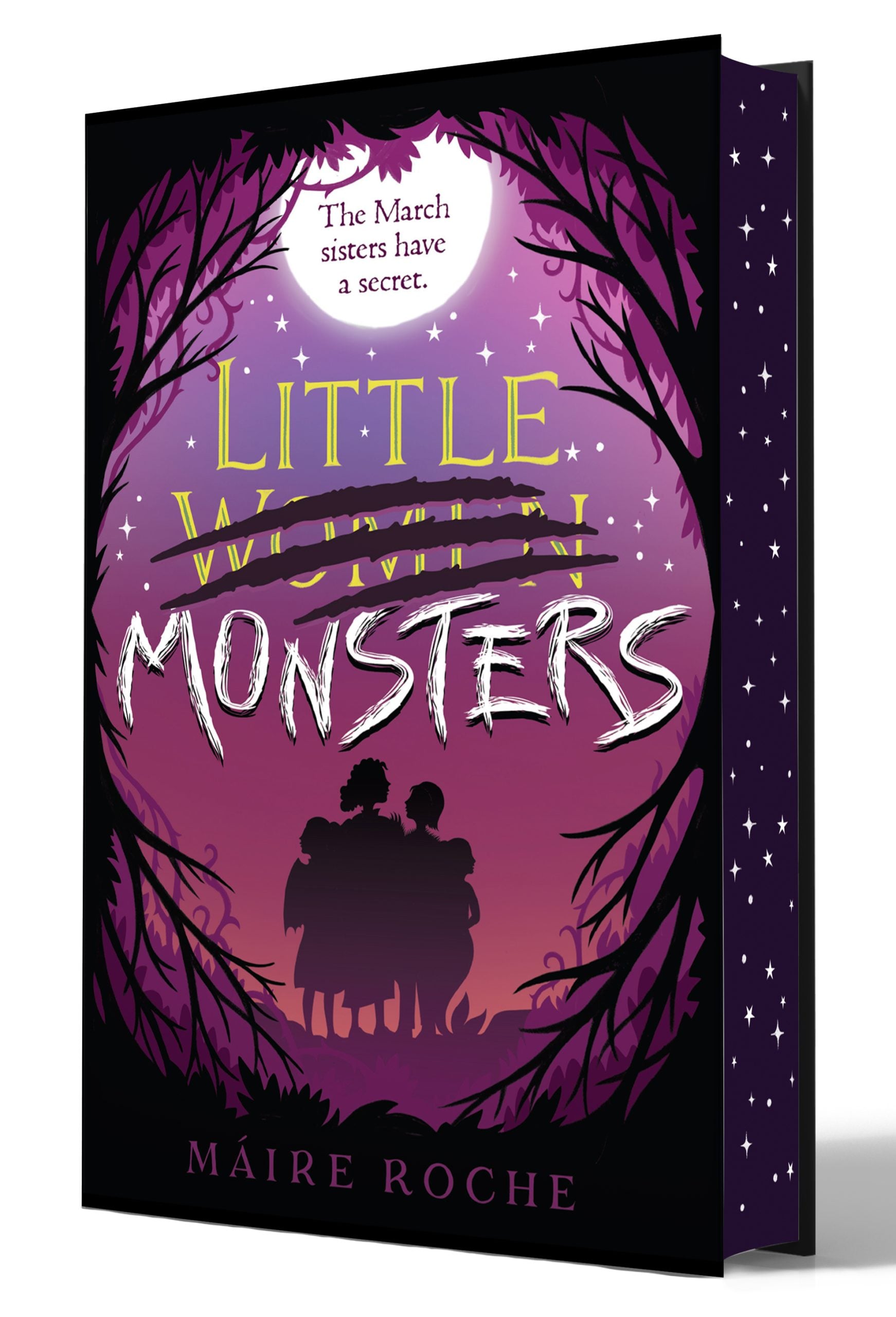 Book cover of “Little Monsters” by Máire Roche, featuring silhouettes of four girls framed by branches, with a tagline: “The March sisters have a secret.”.