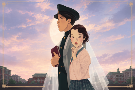 GVN Talking Comics Exclusive Preview: First Look At Yudori’s ‘Lovers of the Empire’ A young man in a uniform holds books while a young woman stands beside him, making a shushing gesture, with historic buildings and a pastel sunset in the background.