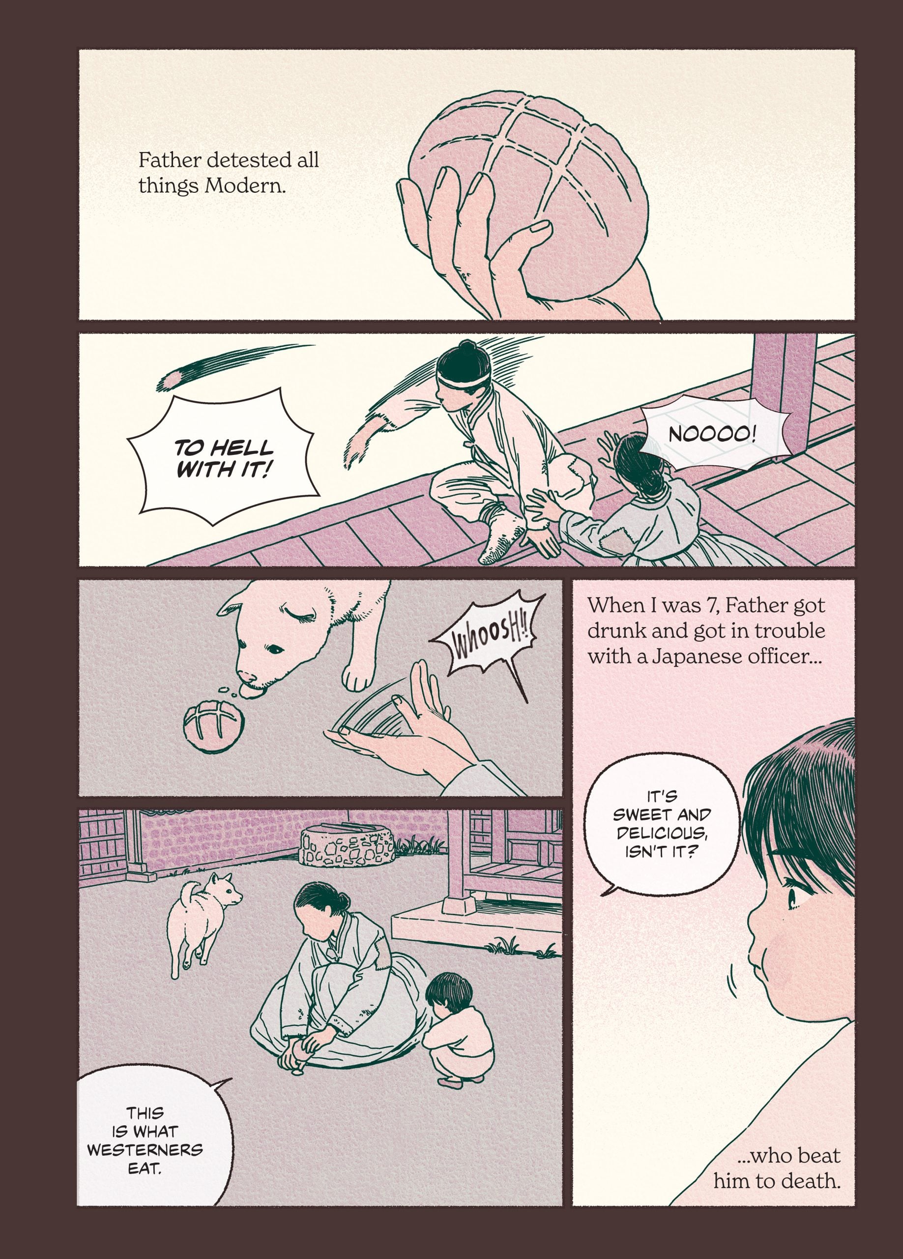A comic page shows a father rejecting modern things, throwing a ball to a dog, and a child recalling that his father was beaten to death by a Japanese officer after getting drunk and in trouble.