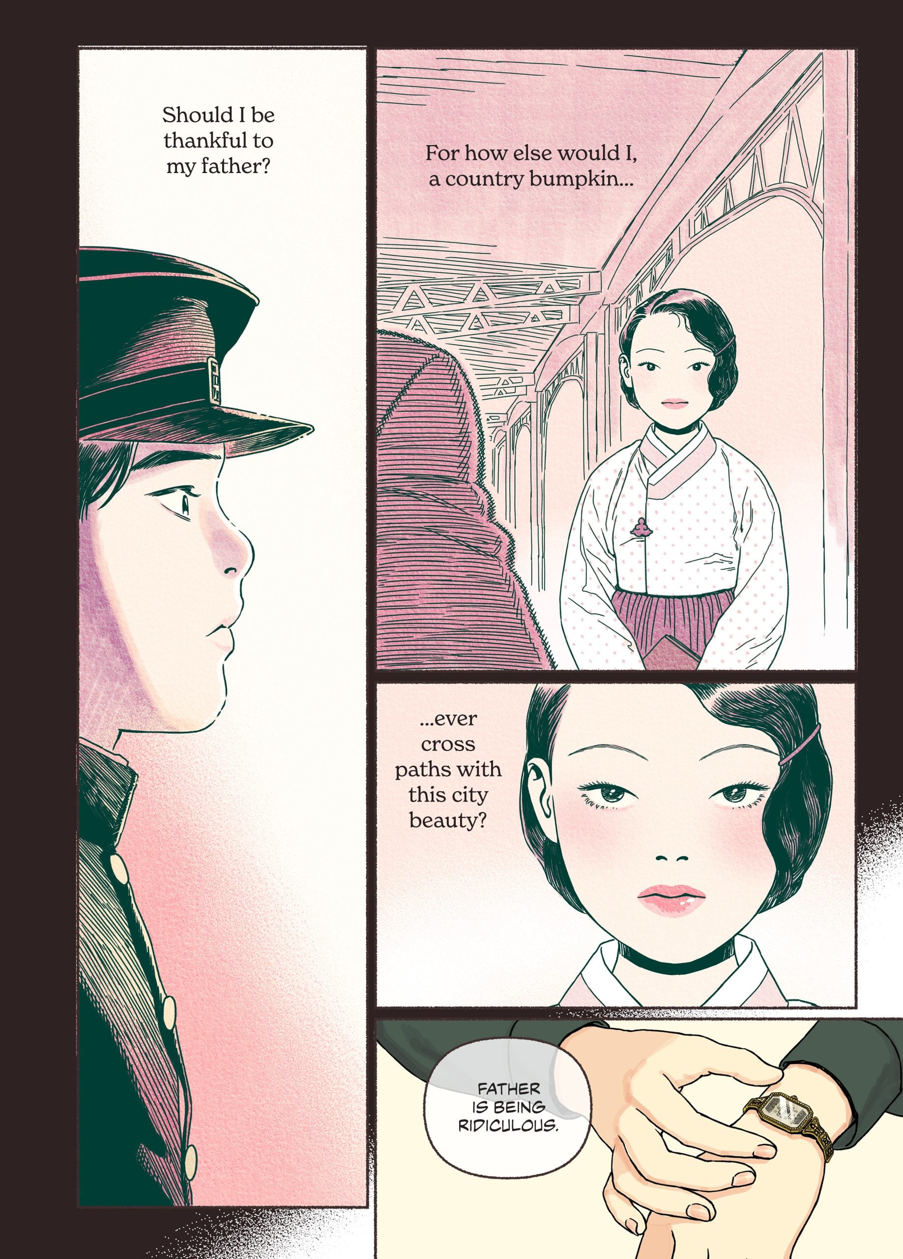A young man in uniform thinks about meeting a city woman; she appears in separate panels as he questions his father’s actions and holds someone’s hand. Text and close-up portraits are shown.