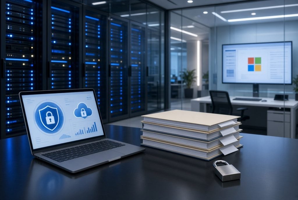 Laptop displaying security icons, stacked folders, and a padlock on a desk in a modern office with server racks and a large screen in the background.