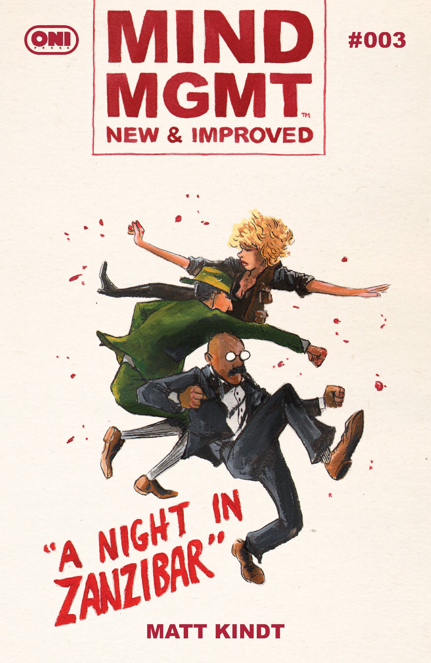 Comic book cover showing a woman and a man leaping in action poses above the words “A Night in Zanzibar.” Title: “MIND MGMT New & Improved #003” by Matt Kindt.