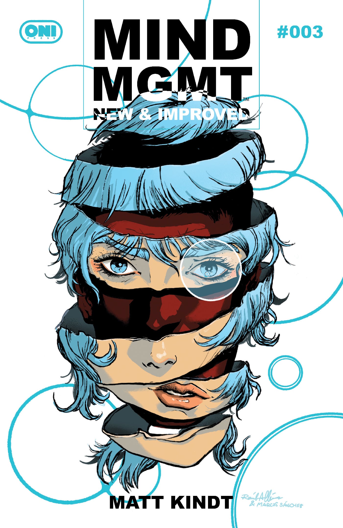 Stylized comic book cover showing a fragmented face with blue hair and intense blue eyes, intersected by black and red bands, overlaid with blue circles. Title reads “MIND MGMT #003”.