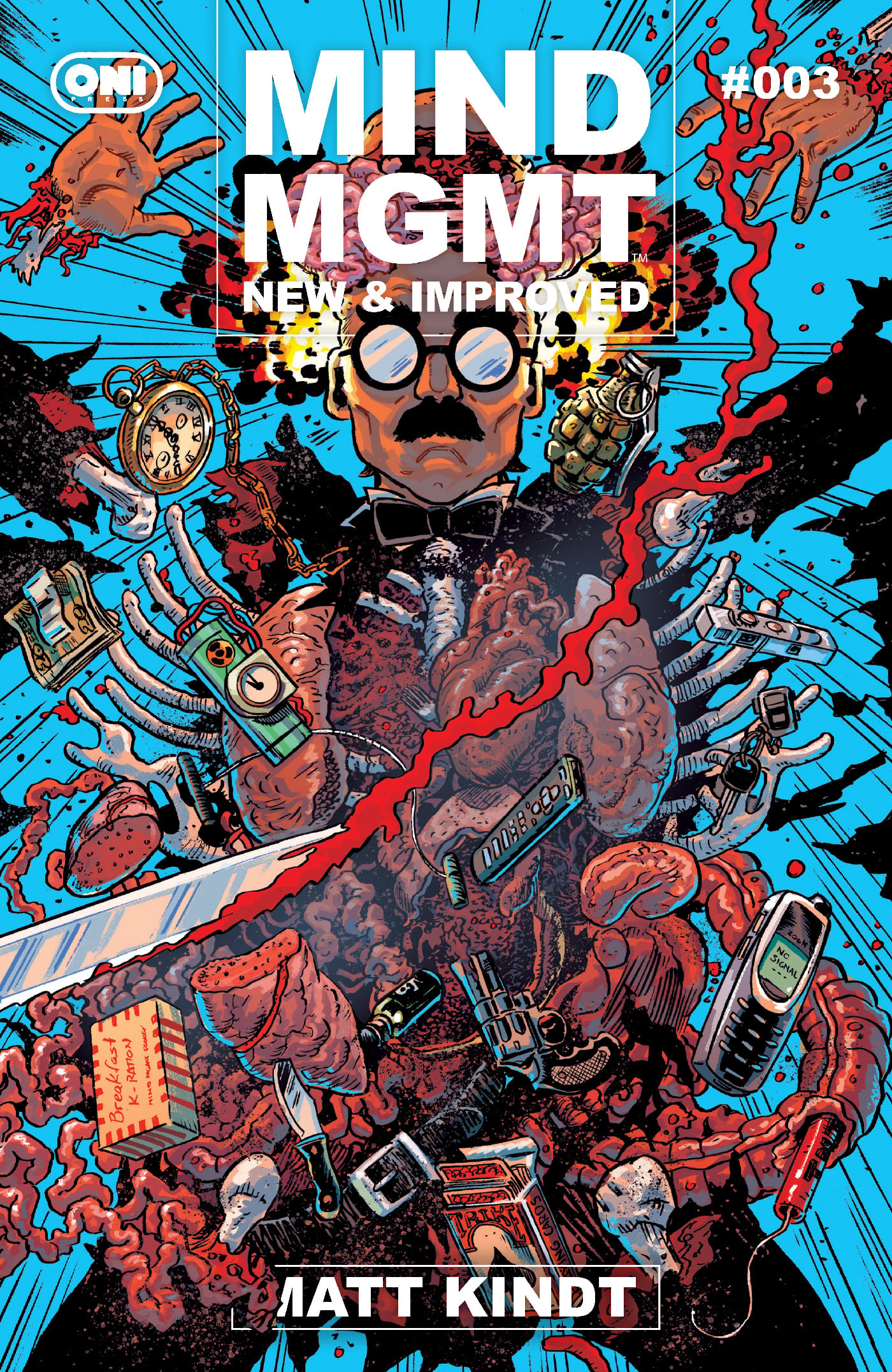 A man with goggles stands surrounded by flying objects and red haze; various items, including clocks, guns, and radios, scatter outward as his chest is split open, revealing machinery.