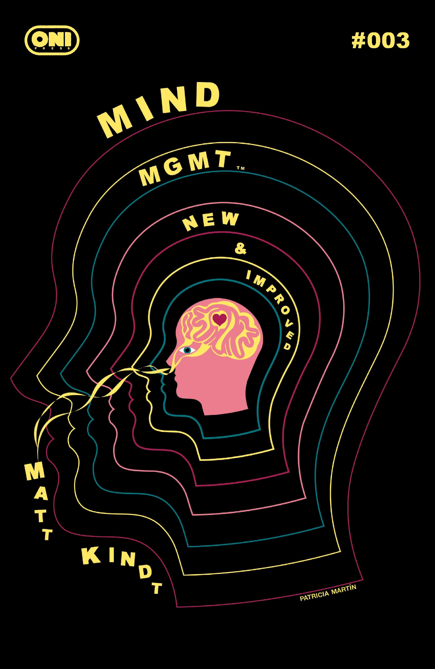 Colorful outlines of overlapping human profiles with “MIND MGMT NEW & IMPROVED #003” and “MATT KINDT” on black background; brain illustration in the innermost head.