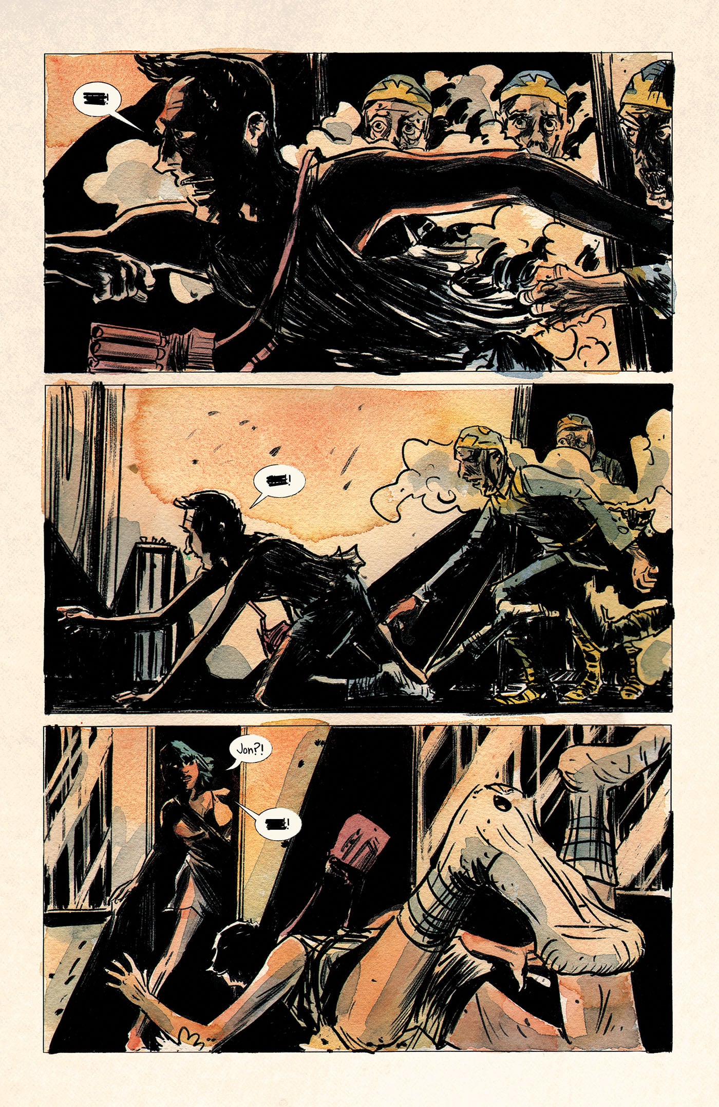 A man runs from armed soldiers, crawls through a doorway, and encounters a woman who appears startled as he enters. Three comic panels with dramatic action and shading.