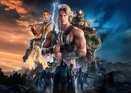 A group of armored heroes and fantasy creatures stand in front of a dramatic sky, with a muscular man wielding a glowing sword at the center. Castles and mountains appear in the background.