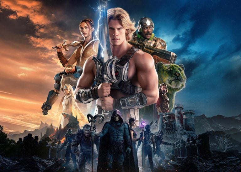 A group of armored heroes and fantasy creatures stand in front of a dramatic sky, with a muscular man wielding a glowing sword at the center. Castles and mountains appear in the background.