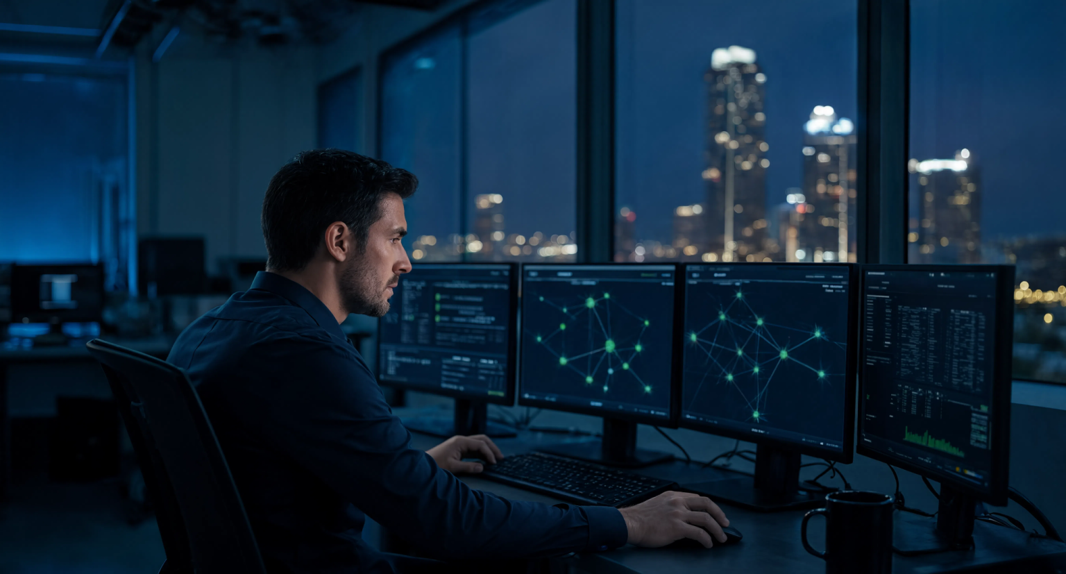 Beyond Break-Fix: Smart Managed IT Services For Businesses Man working at a desk with multiple computer monitors displaying network data in a modern office at night with a city skyline in the background.