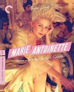 Kirsten Dunst, dressed as Marie Antoinette in a lavish gown and wig, poses on the Criterion Collection cover for Sofia Coppola’s film “Marie Antoinette.”.