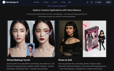 Screenshot of a website showing two AI image generation features: virtual makeup try-on with a woman’s face, and photo-to-doll conversion with a woman beside a doll box labeled “ZHOGUE.”.