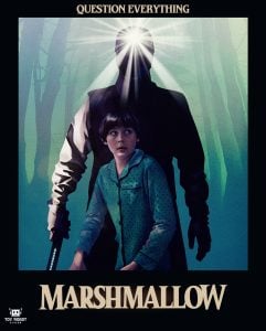 A scared child stands in front of a shadowy figure with a glowing light above its head in a forest. Text reads “QUESTION EVERYTHING” and “MARSHMALLOW.”.