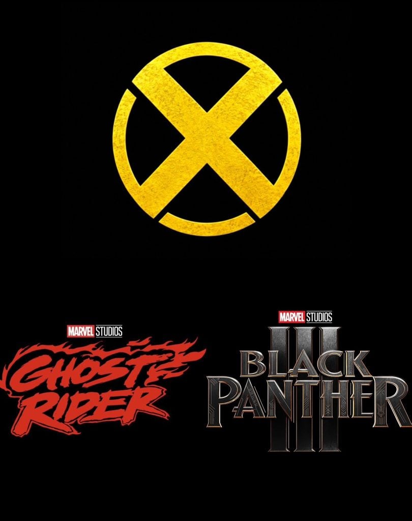 A yellow X-Men logo above the Marvel Studios Ghost Rider and Black Panther III logos on a black background.