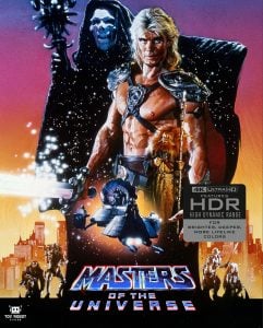 Poster for “Masters of the Universe” showing a muscular man with a sword in front of a hooded figure, other characters, and a futuristic city, with 4K Ultra HD and HDR logos.