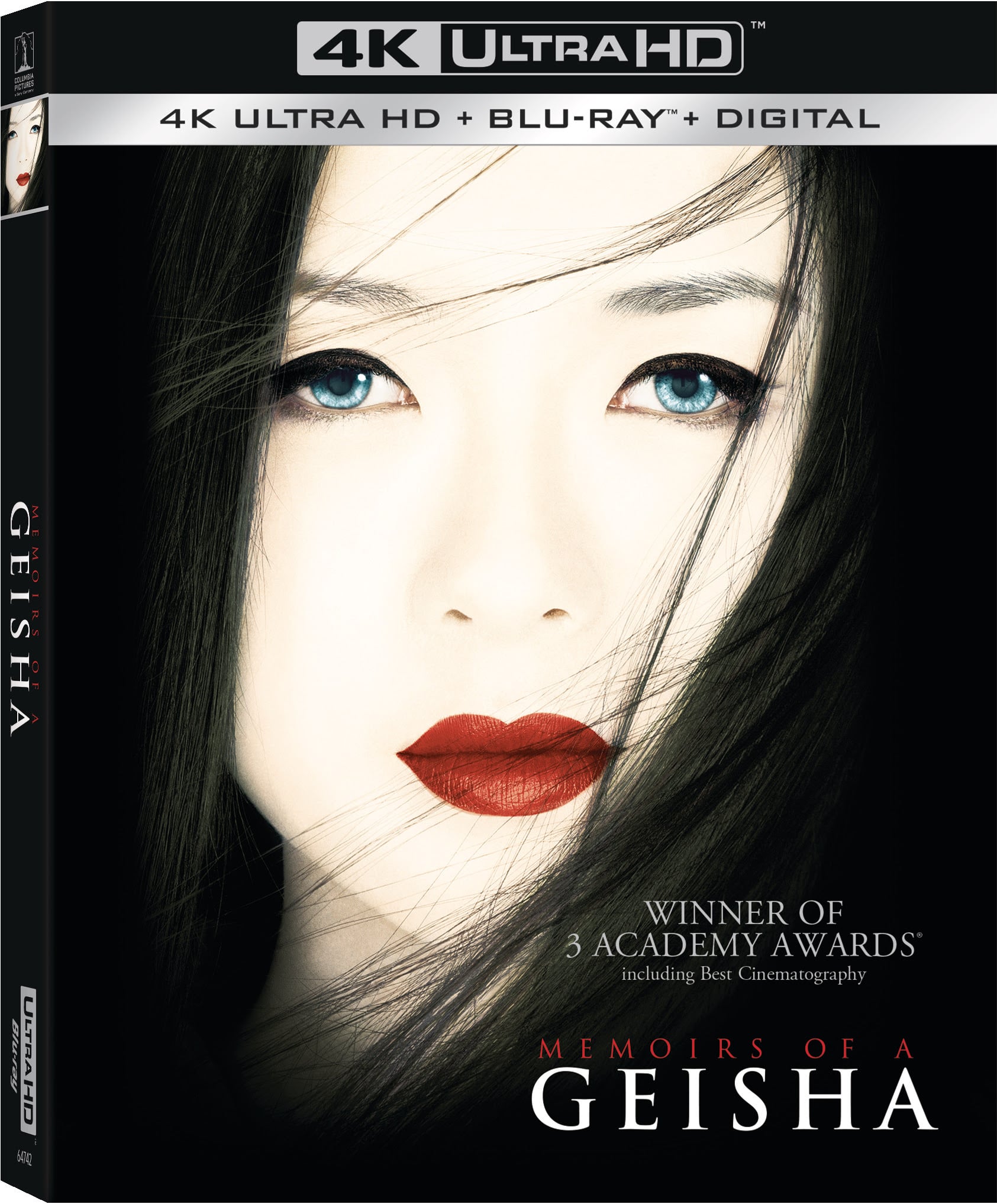 Close-up of a woman’s face with pale skin, red lips, and blue eyes on the “Memoirs of a Geisha” 4K Ultra HD, Blu-ray, Digital cover. Text notes three Academy Award wins.