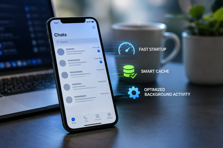 What Makes A Messaging App Feel Fast? Startup Time, Cache, And Background Activity A smartphone displays a chat app next to a laptop and coffee cup. Infographic highlights fast startup, smart cache, and optimized background activity.