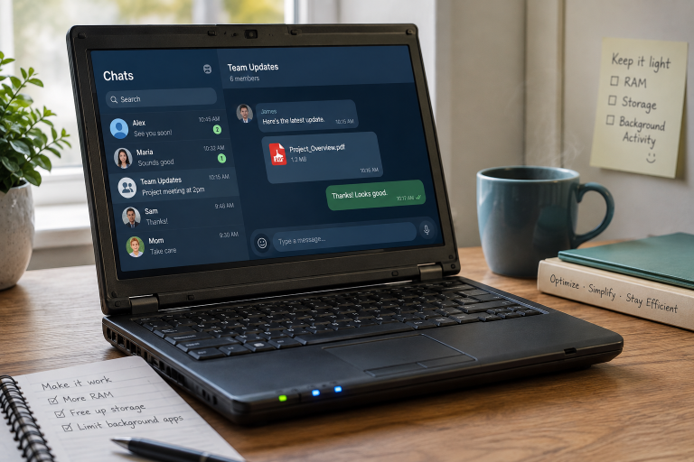 What Makes A Messaging App Work Well on An Older Laptop? RAM, Storage, And Background Activity Explained An open laptop on a desk displays a team chat about a project. Notes, a mug, and plant are nearby, with work tips and reminders visible on sticky notes and a notepad.