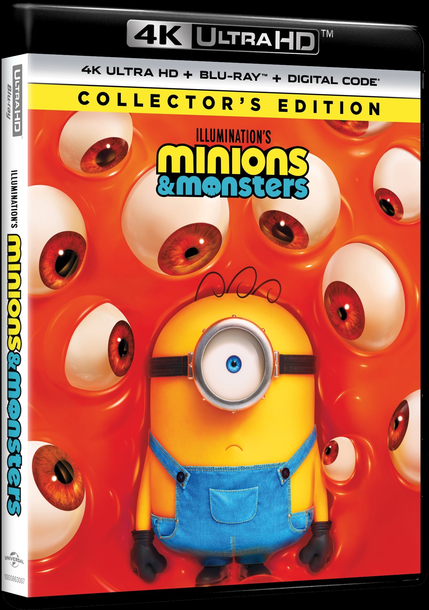 DVD cover for “Minions & Monsters Collector’s Edition” shows a Minion surrounded by floating eyeballs, labeled 4K Ultra HD, Blu-ray, and Digital Code.