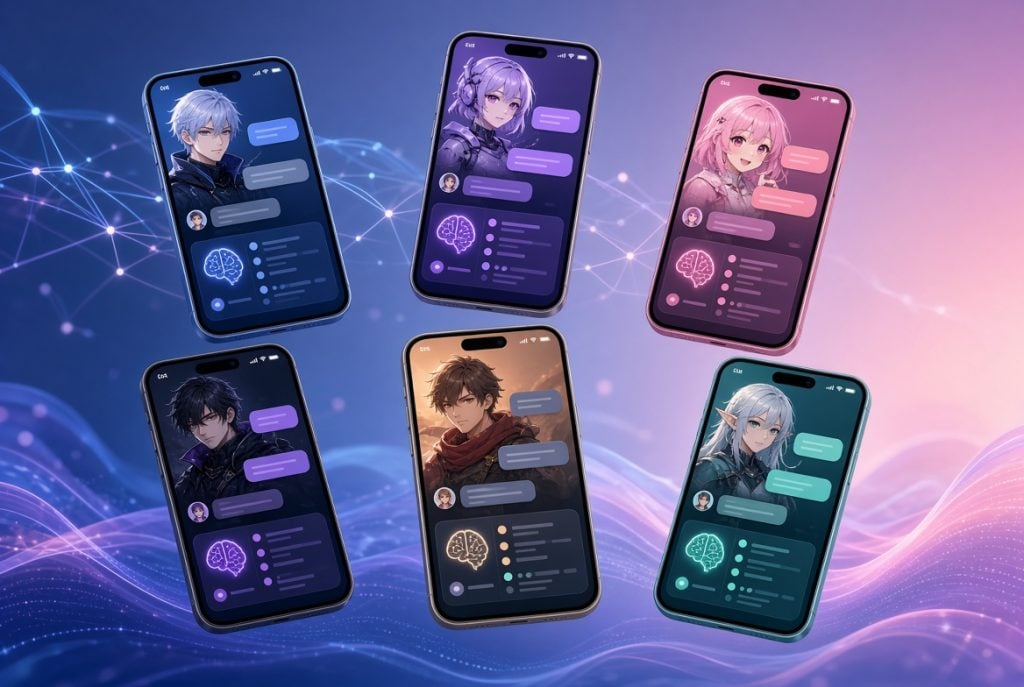 6 Best AI Character Chat Tools for Group Roleplay Six smartphones display illustrated character chat profiles with colored backgrounds, message bubbles, and digital brain icons, arranged in two rows against an abstract, tech-themed backdrop.