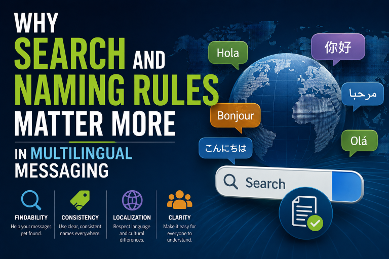 Why Search And Naming Rules Matter More In Multilingual Messaging Infographic about search and naming rules in multilingual messaging, with search bar and speech bubbles saying hello in various languages. Icons highlight findability, consistency, localization, and clarity.