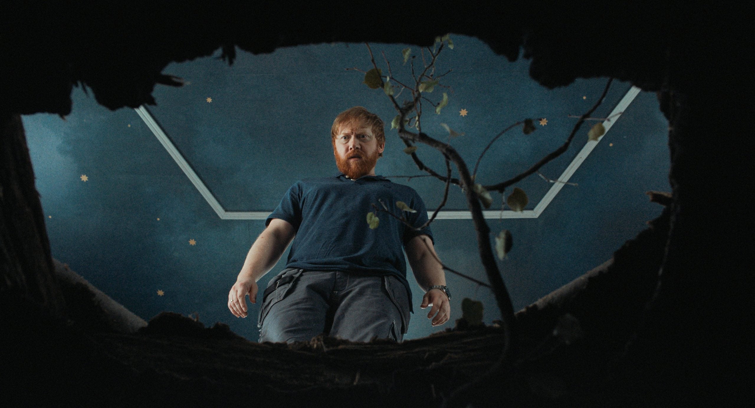 A man with a beard stands over a large hole indoors, looking down with a concerned expression. Small branches and leaves are visible around the edge of the hole.