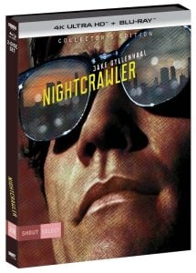 Blu-ray and 4K Ultra HD box set cover for “Nightcrawler” shows a close-up of sunglasses reflecting a city skyline, with bold yellow title text and Jake Gyllenhaal’s name above.