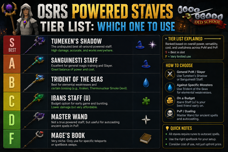 OSRS powered staves tier list displaying rankings from S to F, with images, staff names, descriptions, and notes on when to use each staff in Old School RuneScape.