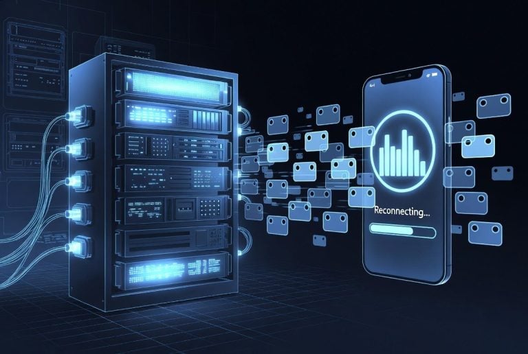 What Happens When An Online Game Loses Connection A smartphone displays a reconnecting screen while data flows from multiple servers to the device, illustrating cloud data transfer.