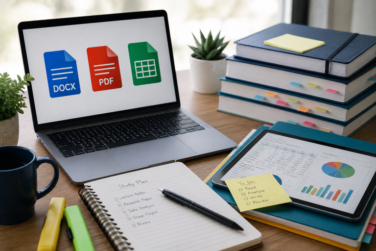 How Students Can Organize Coursework Across DOCX, PDF, And Spreadsheet Files Laptop displaying DOCX, PDF, and spreadsheet icons on a desk with notebooks, folders, a study plan, to-do list, pen, plant, and digital tablet showing a chart.
