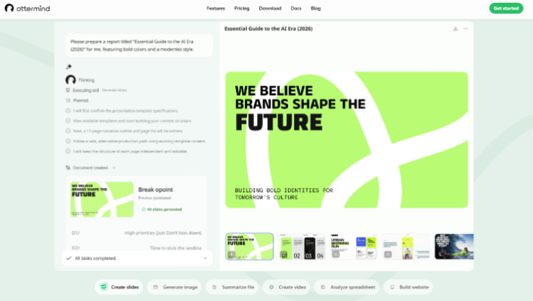 OtterMind Turns One Pop-Culture Brief Into A Visual Kit A presentation slide editor shows a slide titled “Essential Guide to the AI Era,” with bold text saying, “WE BELIEVE BRANDS SHAPE THE FUTURE,” and a sidebar outlining tasks.