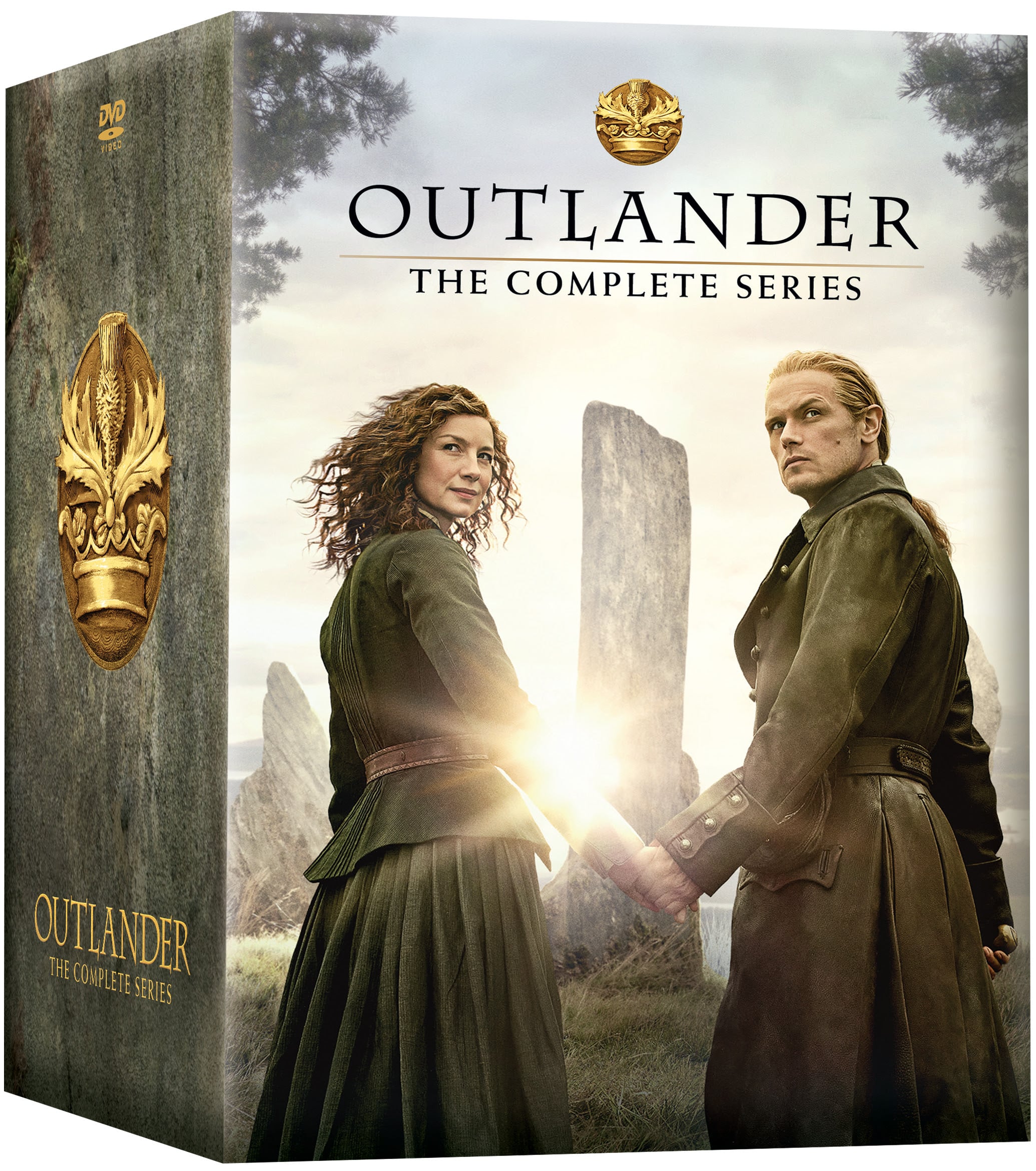 Box set cover for “Outlander: The Complete Series” showing two characters in period costumes holding hands in front of stone pillars, with the title and gold emblem above them.