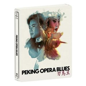 Blu-ray cover for “Peking Opera Blues” featuring illustrated portraits of three characters in period costumes, with dramatic clouds and brushstroke effects. Title appears in bold at the bottom.