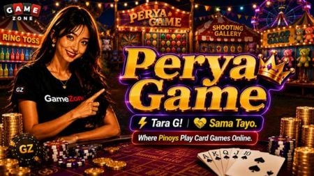 A woman points to a “Perya Game” sign at a carnival-themed gaming booth with cards, chips, and carnival games in the background. Text promotes playing card games online.