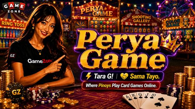 A woman points to a “Perya Game” sign at a carnival-themed gaming booth with cards, chips, and carnival games in the background. Text promotes playing card games online.