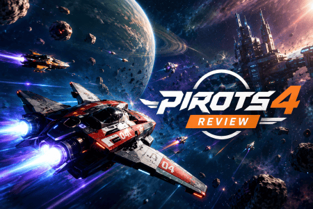 Pirots 4 Review: A Space Adventure With Expanding Gameplay Futuristic spacecraft fly in outer space near a planet and asteroid field, with “PIR0TS 4 REVIEW” text and a city-like space station in the background.