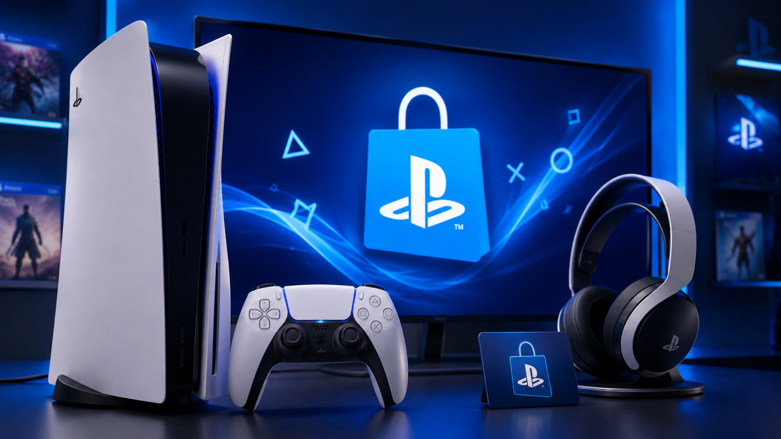 Why PlayStation Direct Is Becoming a Go-To Destination For PlayStation Gamers A PlayStation 5 console, controller, headset, and gift card are arranged in front of a TV displaying the PlayStation Store logo in a blue-lit gaming room.