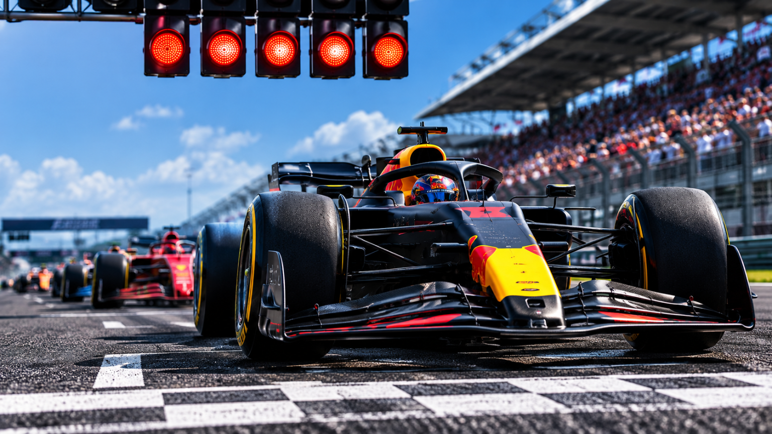 Formula 1 cars lined up on the starting grid with red lights above, a grandstand full of spectators, and clear skies in the background.
